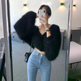 V ネックモヘアソフトショートニットカーディガン