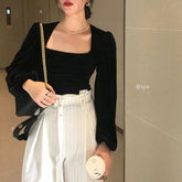 フレンチパフスリーブベルベットトップス